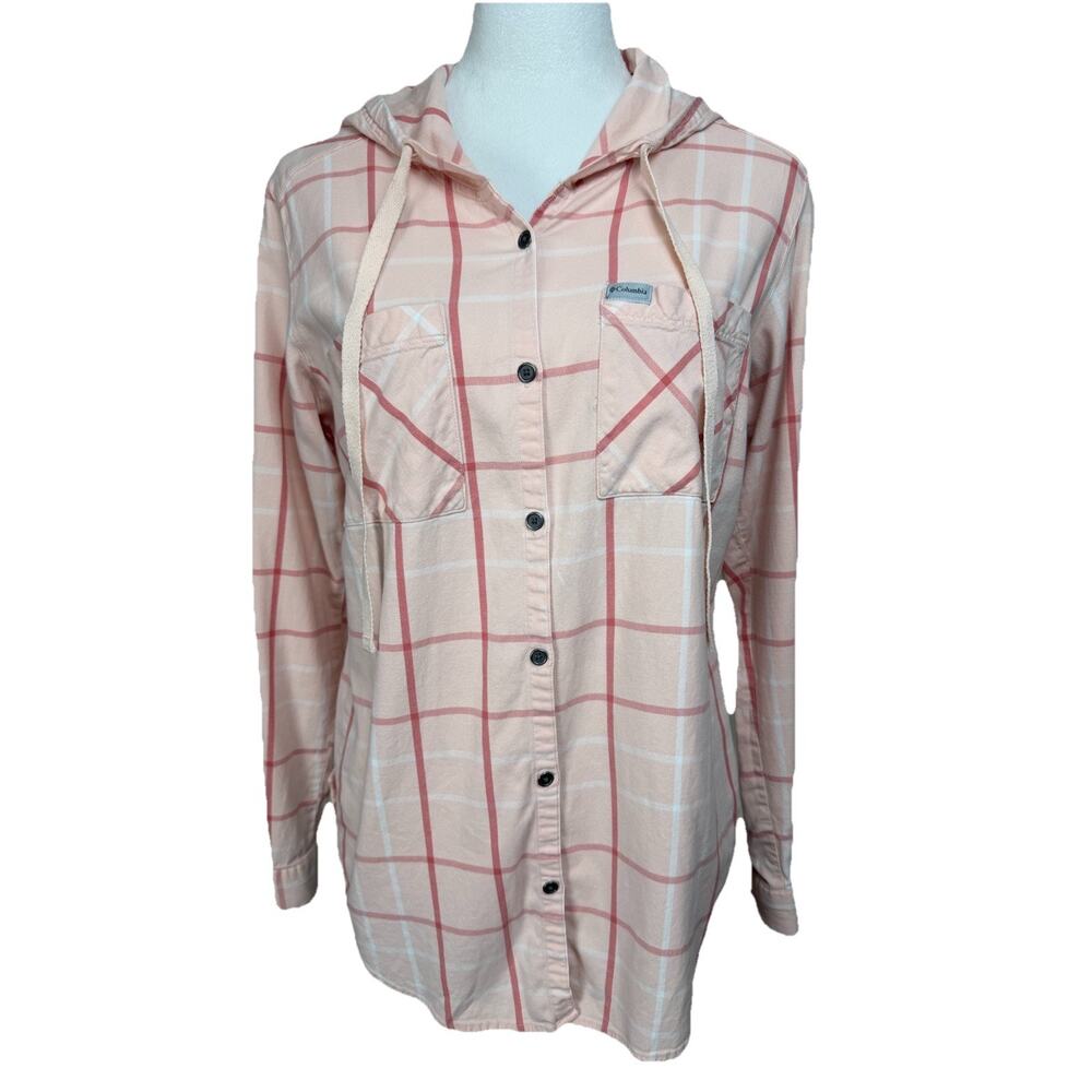 Columbia Women's Button Up Hooded Shirt Pink Plaid Casual Lightweight Sz L